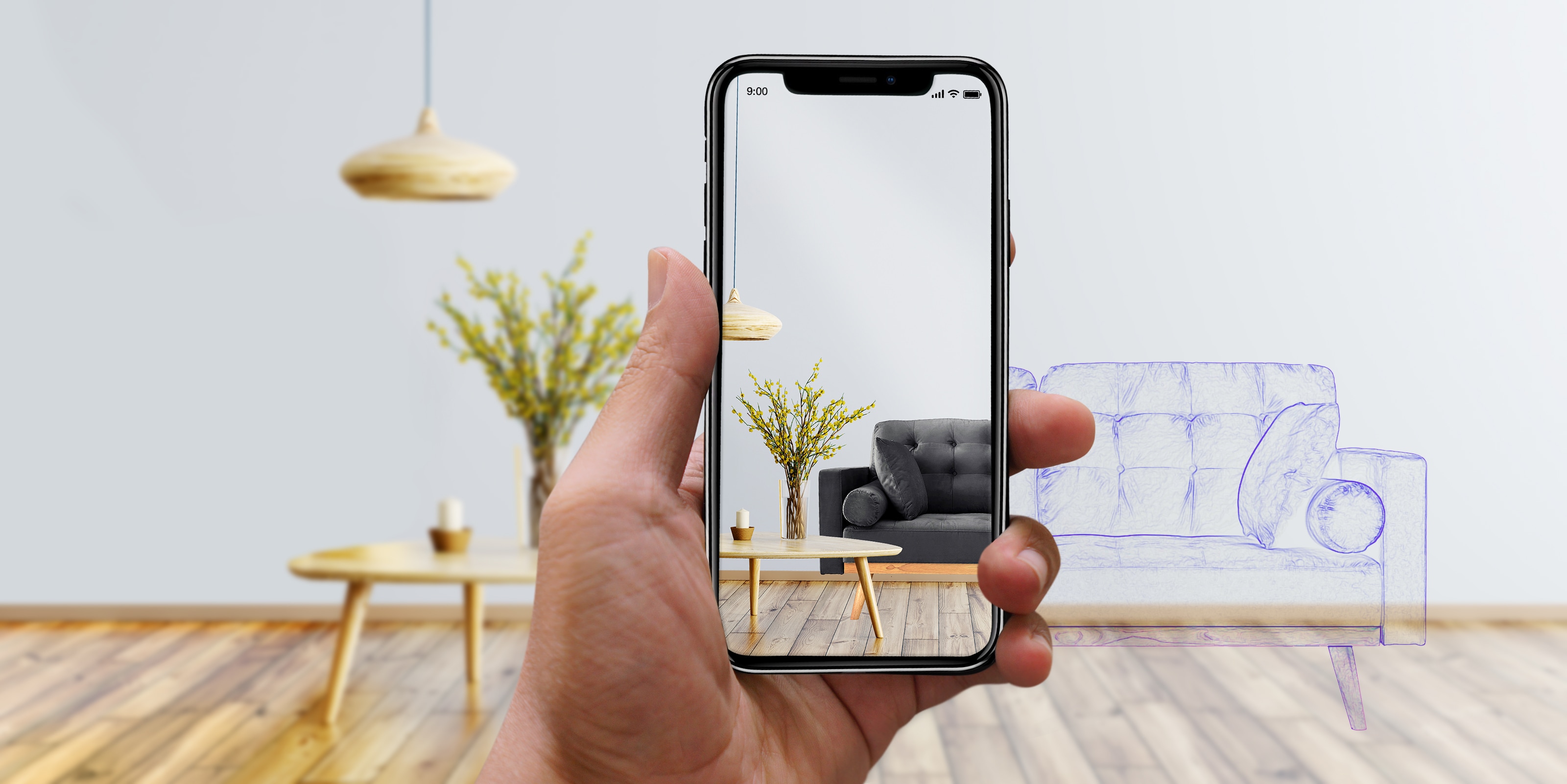 Composition of a phone filming a room and enhancing its surrondings with augmented furniture